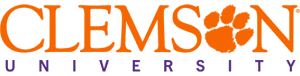 Clemson University logo, which is the word "Clemson" in all caps in large orange letters. The "o" is replaced by a tiger paw print. Beneath "Clemson" is the word "university" is small purple letters, also all caps.