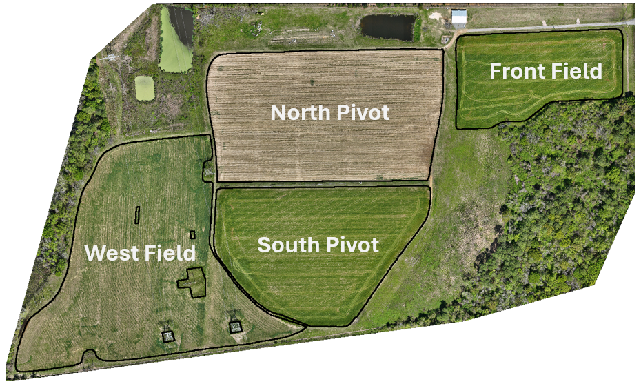 Drone Flight Map taken 3/24/2024, showing the four fields of the 4D DATA Farm.
