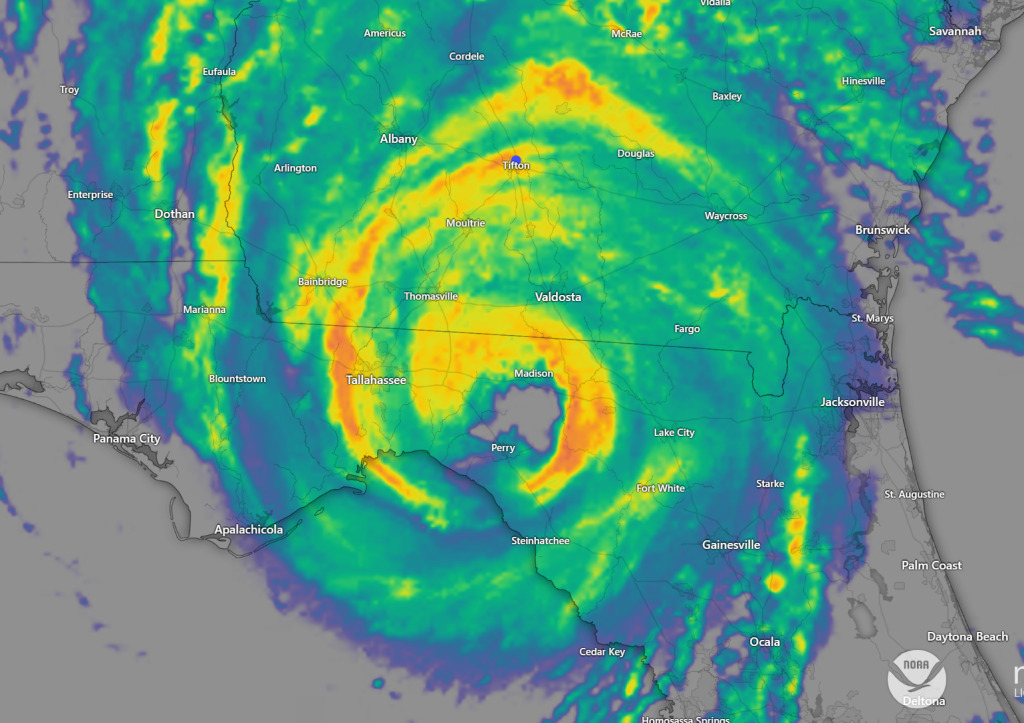 Radar image of Hurricane Helene at 12 AM, 09/27/2024. The storm is centered over northern Florida. the eye is between Perry, FL and Madison, FL. Tifton is in an orange-yellow section of the map.