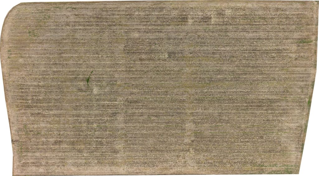 Drone image of the North Pivot field, showing how brown the field is after the herbicide application.