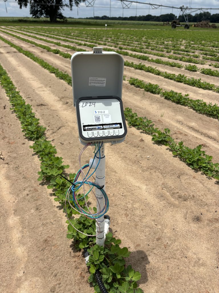 Soil moisture sensor at the end of a row in an agricultural field.