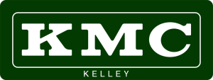 KMC logo. It is a dark green rectangle with rounded corners. The letters KMC, in white, are the prominent feature. They take up nearly all of the space and are outlined in a thin white line, mirroring the shape of the larger green rectangle. At the bottom of the logo, between the bottom white line and the bottom of the green rectangle, is the word "Kelley" in all caps.