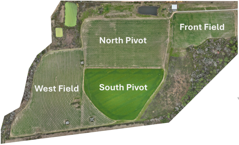 February Drone Flight Map. All fields have vegetation and South Pivot is a lush green.