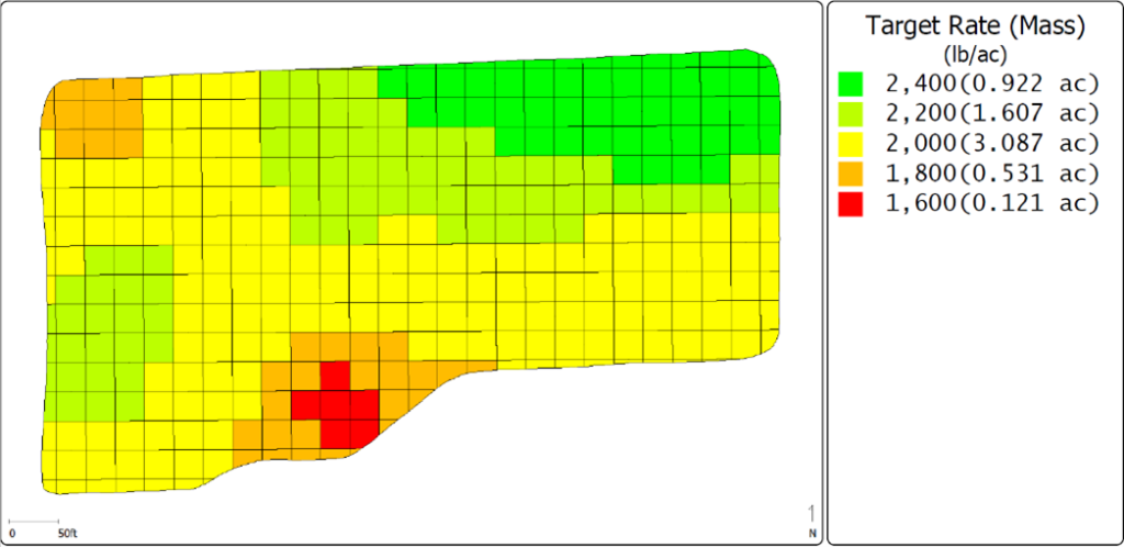 Gypsum prescription map for the Front Field, showing target rate (mass) in lb/ac. Most of the field is yellow and light green, which represent "2,000 (3.087 ac)" and "2,200 (1.607 ac)," respectively; the top left corner is orange ("1,800 (0.531 ac)") and the bottom center of the field is orange and red ("1,600 (0.121 ac)"). The top right corner is bright green (2,400 (0.922 ac)"), bordered by light green.