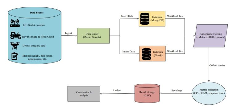 Graphic of databse workflow. The graphic shows that "data sources" (IoT: soil & weather, rover: image & point cloud, drone: imagery data, manual: height, boll count. nodes count, etc.) are ingested into a box called "data loader (JMeter Scripts)." The data then is inserted into both "Database (MongoDB) and "Database (Neo4j)." The data goes through "workload test" and goes into a single "performance testing (JMeter: CRUD, Queries)." The data then goes through "collect results" into "Metric collection (CPU, RAM, response time)." The save logs go into "Result storage (CSV)" and are analyzed into "visualization & analysis."